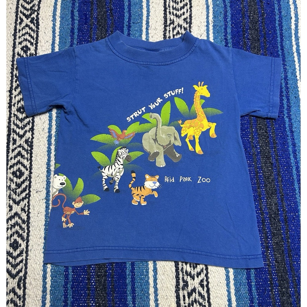 Vintage Y2K Reid Park Zoo Kids Shirt 2-4 Blue Animals Stephen Joseph Tucson AZ